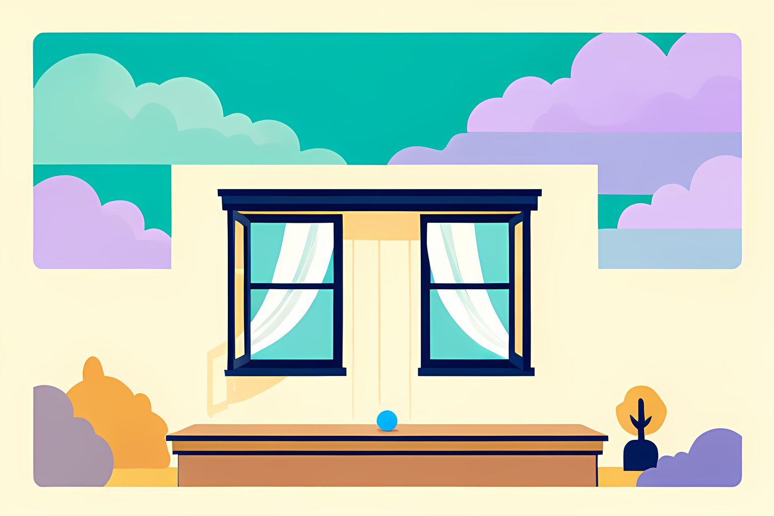 A sunlit country porch with billowing linen curtains and towering clouds signaling an arriving autumn cold front.