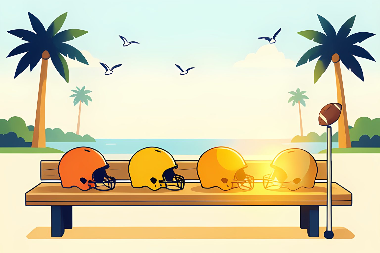 Four plain, unmarked football helmets in different colors lined up along a wooden bench on a sunny bayside practice field, the last helmet sitting in a pool of golden morning light.