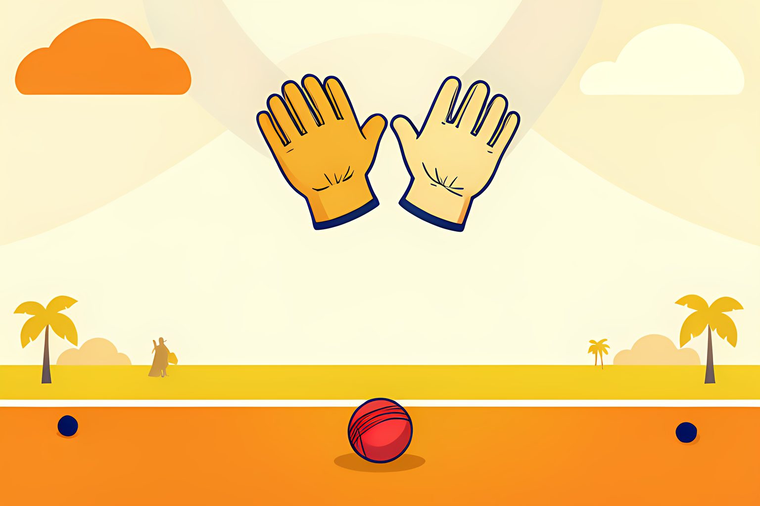 A bright empty cricket oval with two plain batting gloves touching above the crease and a red ball resting in the foreground.