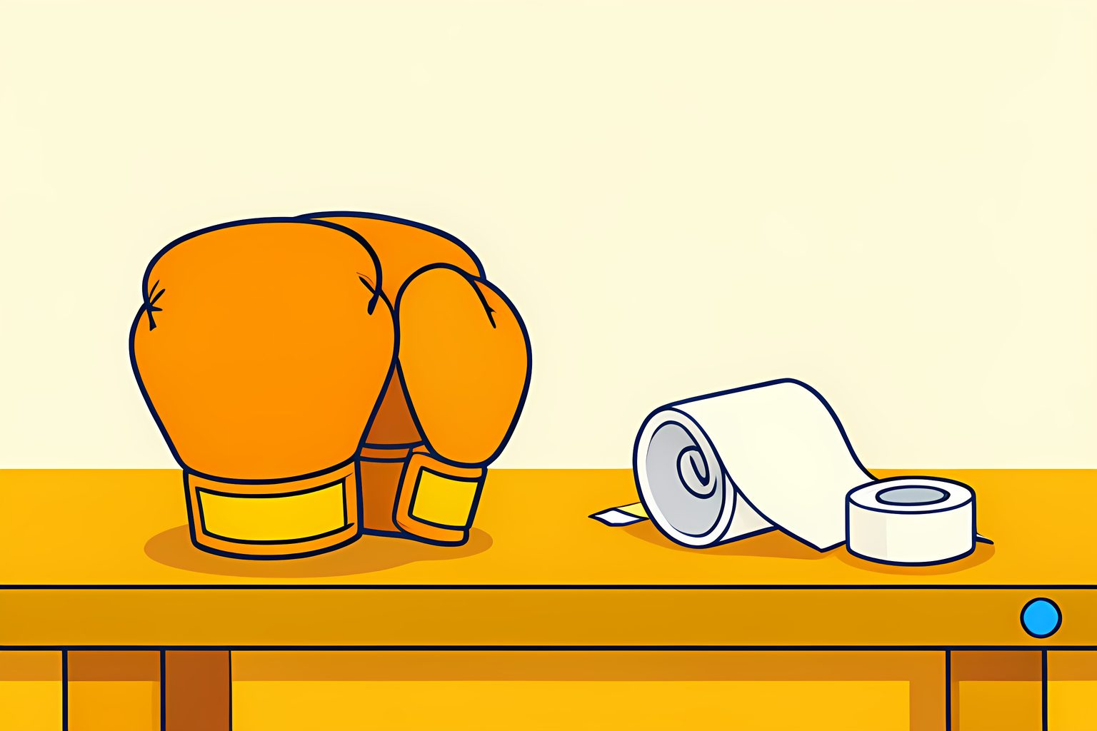 Illustration of a single pair of plump new boxing gloves resting on a low wooden table beside a loosely coiled white hand wrap, in warm side light.