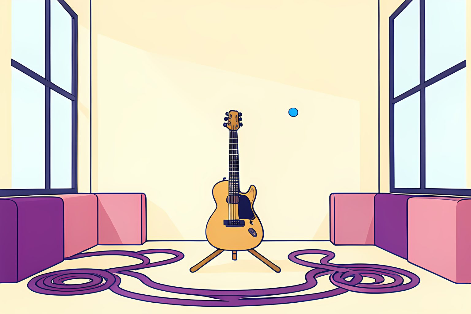A close-up view of an electric guitar neck on a warm cream surface with polished brass frets, clean nickel strings, and vibrant plum-purple and dusk-pink studio reflections in bright daylight.