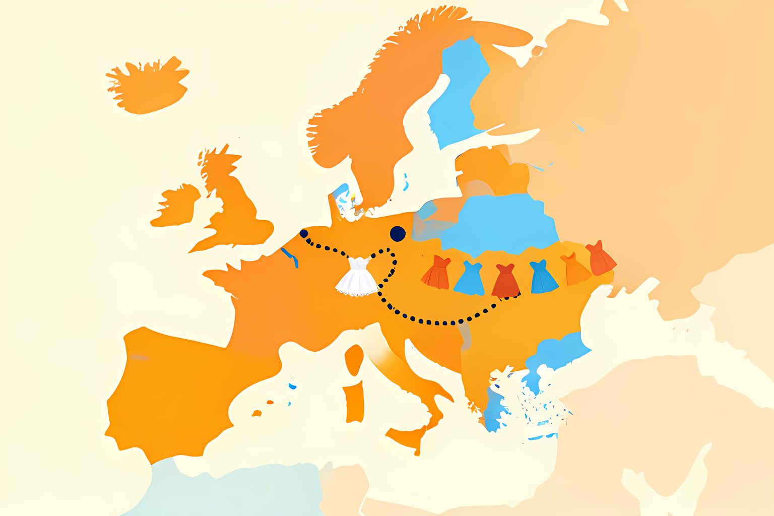 A stylized map tracing a white wedding dress spreading from Britain across Europe to America, in warm orange and sky blue on cream.