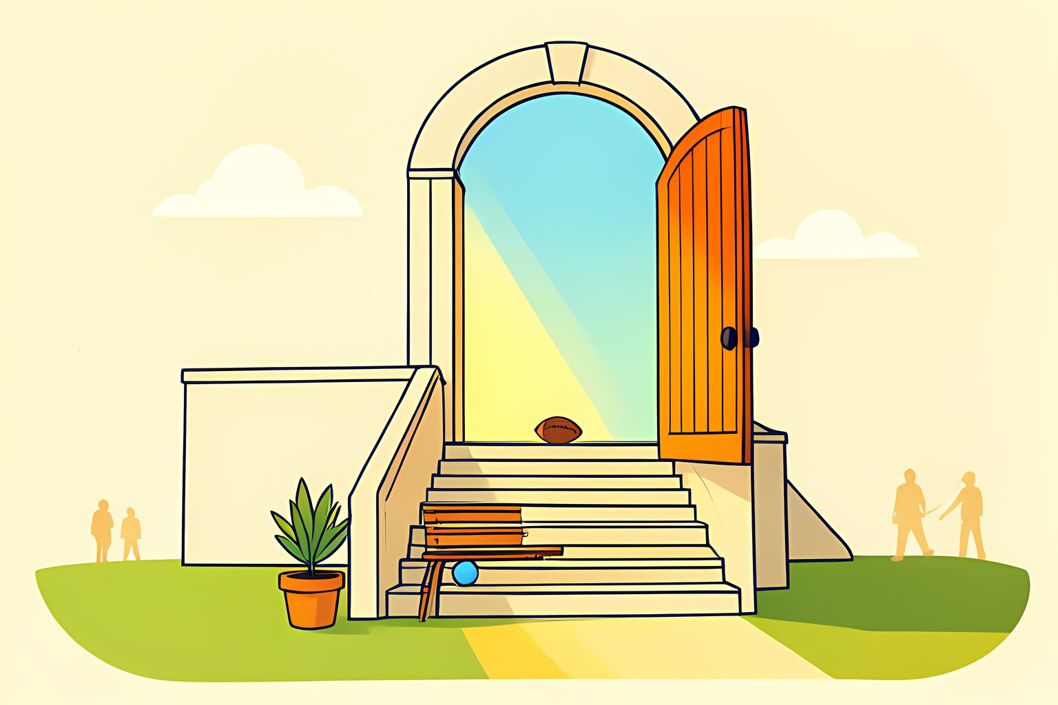 A sunny stone staircase climbing from a small practice field to a larger stadium gate, the gate swung wide open with golden light pouring through.