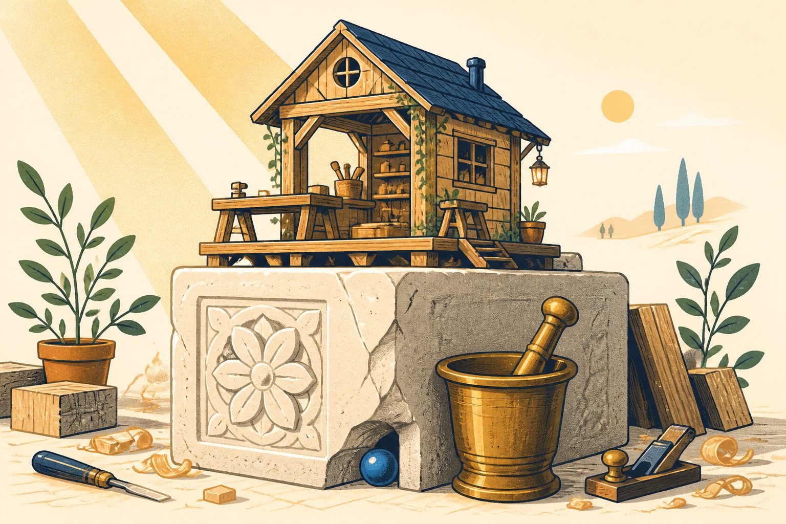 A stylized editorial visual metaphor on warm cream showing a miniature wooden craftsman home resting securely atop a sturdy stone cornerstone, surrounded by gentle amber arches and a small round blue dot tucked beside the foundation.