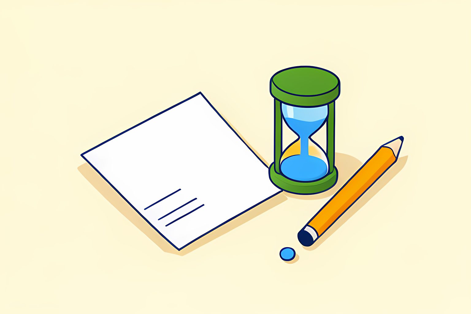 A warm person-free still life of a blank folded receipt, a small unmarked hourglass and a plain blue token on a sunny low cream table, with a tiny round blue dot beside the paper.