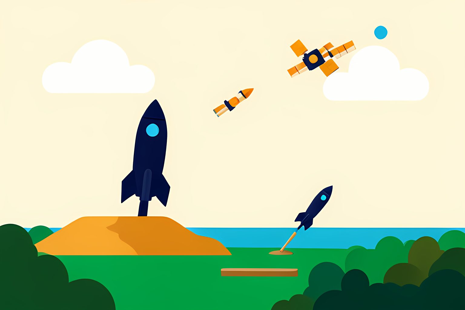 A bright stylized Falcon-like rocket rising over a cream-colored coast while a separate booster descends toward an unmarked ship and small satellites fan outward above.