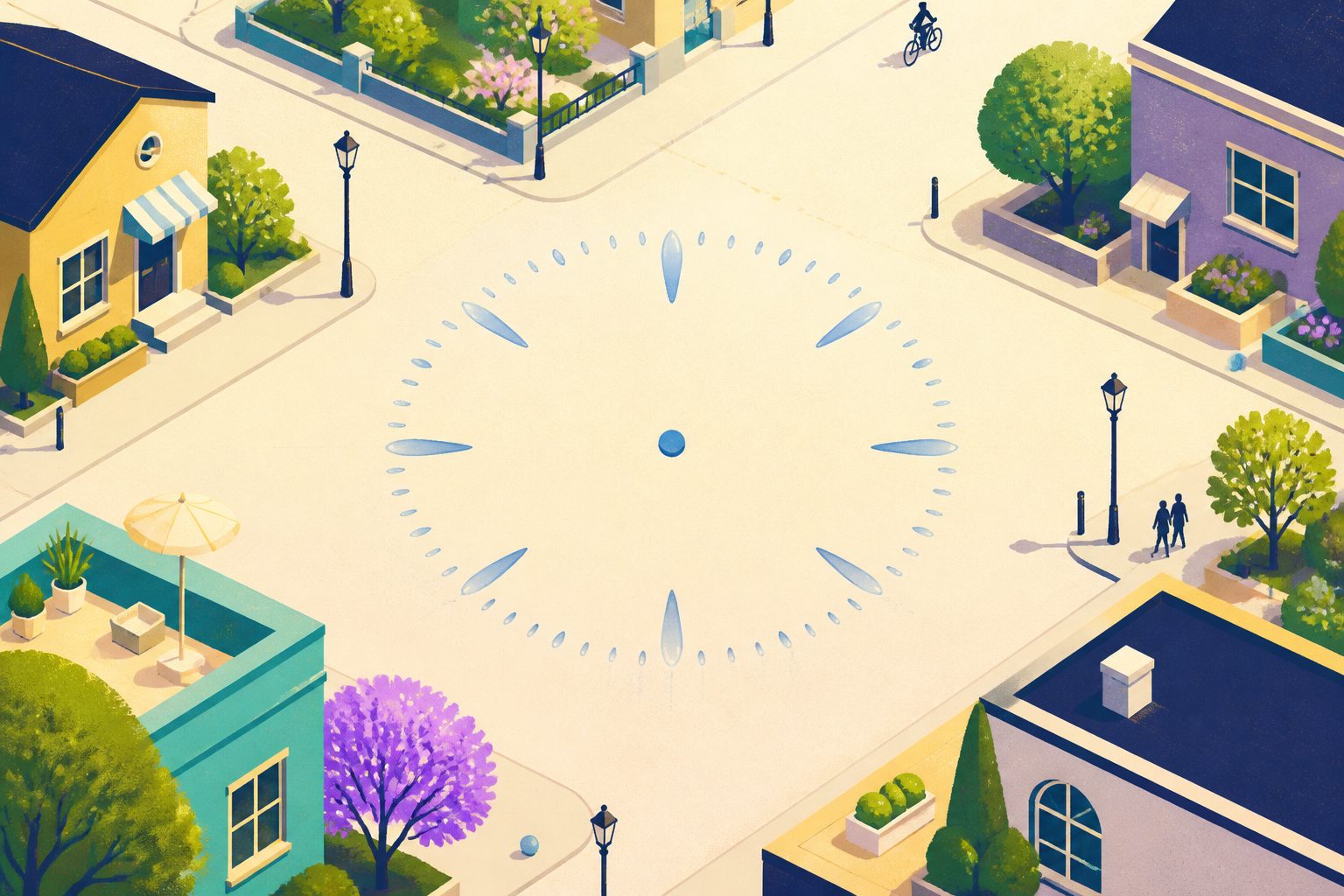 A translucent clock-like circle made from blue raindrop arcs above a blank neighborhood street grid, with a small blue dot and no people, labels or text.