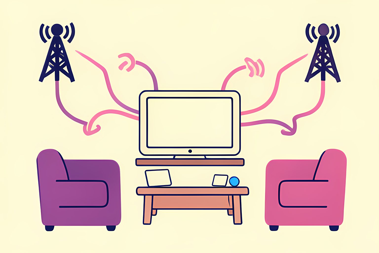 A bright, text-free map-like living room scene with an unmarked television, three small broadcast towers and looping plum signal paths around a tiny blue dot.