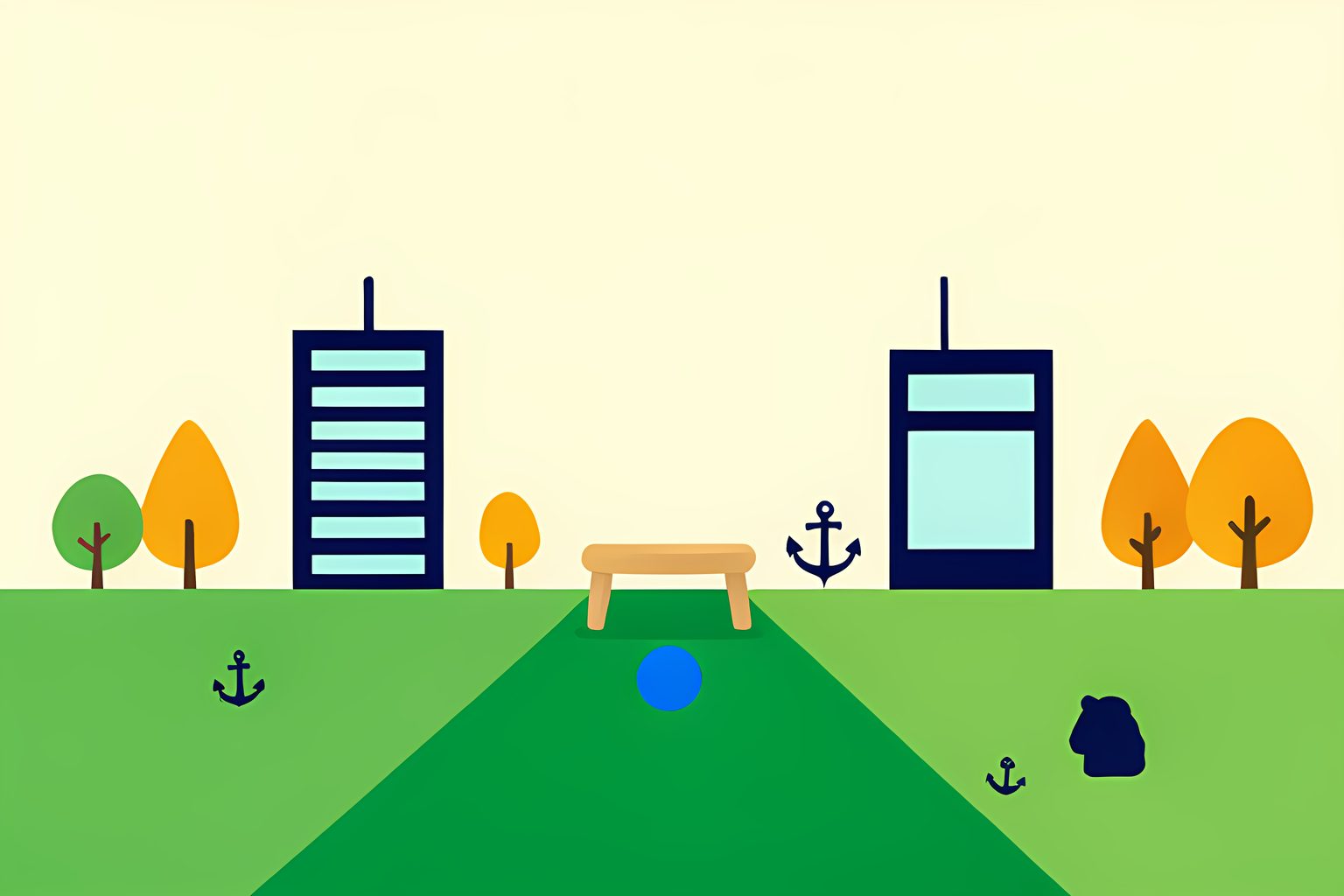 A text-free wide morning scene of a wooden relay baton passing across a long cream path between two distant unbranded office towers, with small trees, warm sunlight and a blue dot.