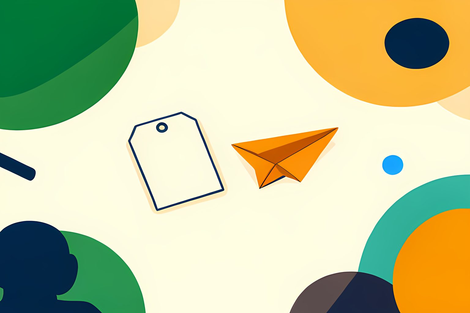 A person-free visual metaphor of one settled blank price tag and another loose tag folding into a small paper airplane on a warm desk.