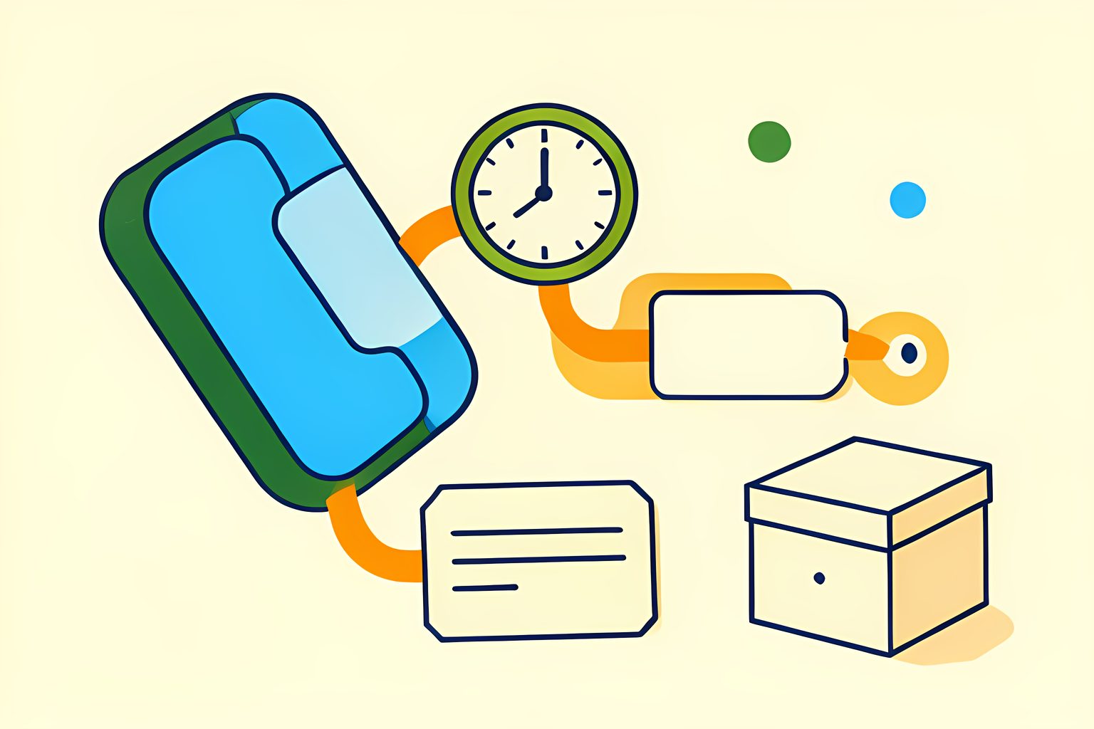 A bright, text-free diagram of a blank phone shape flowing through a small clock, a blank spec card, a price-tag shape and a tidy trade-in box, with a blue dot on a cream background.