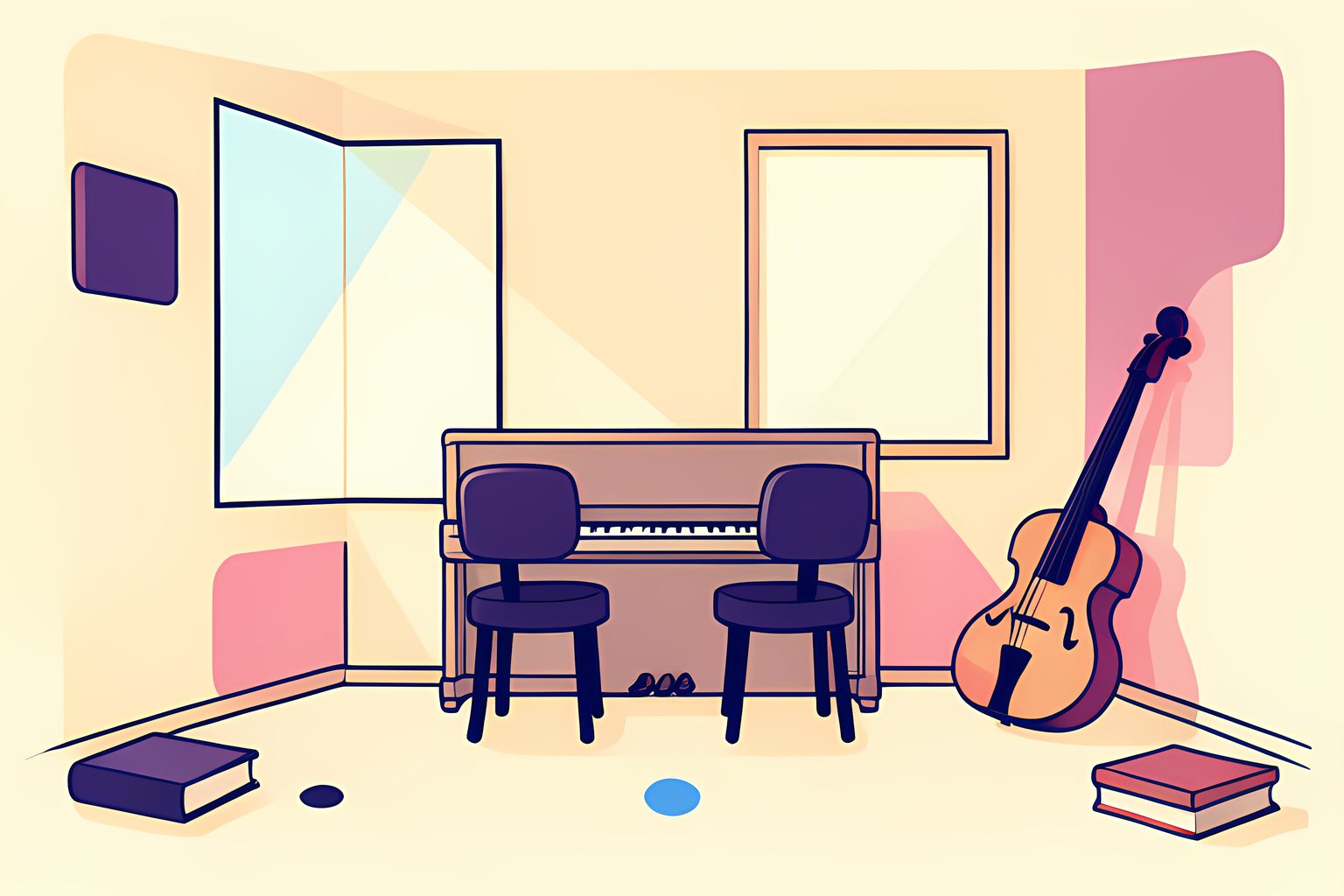 A text-free wide scene of a cozy home recording studio with two empty chairs facing a blank upright piano and a bass leaning against the wall, warm afternoon light through a large window, with a small round blue dot on the floor.