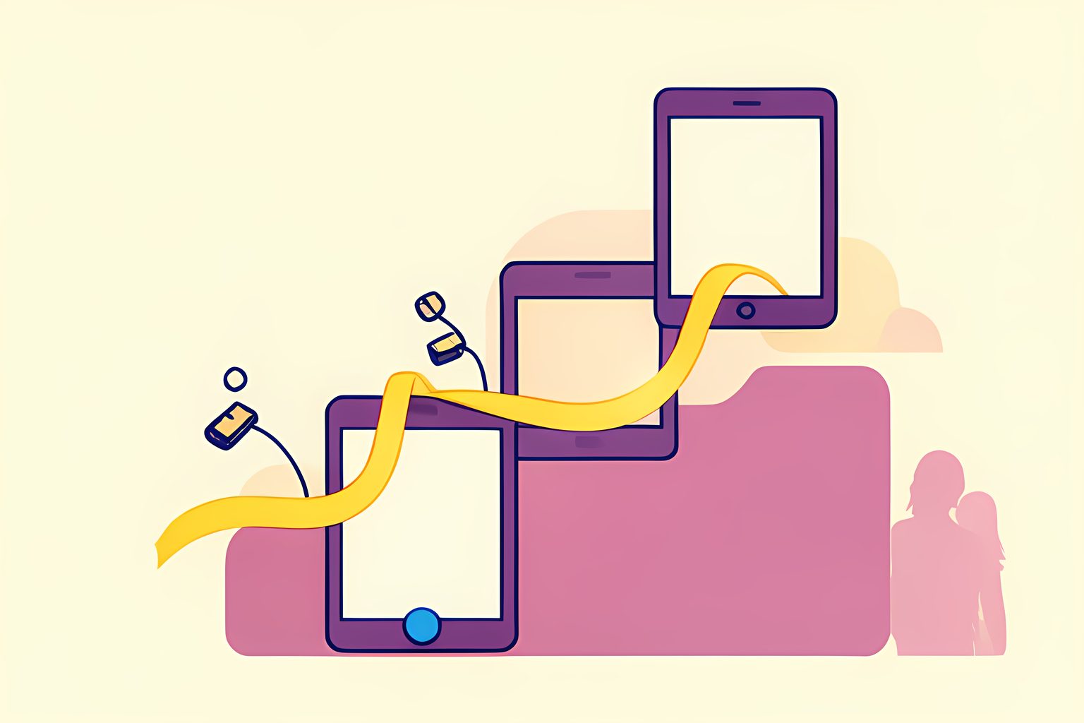 A cheerful stylized golden subscription ribbon flowing through neat theater ticket cards on a warm sunlit background.