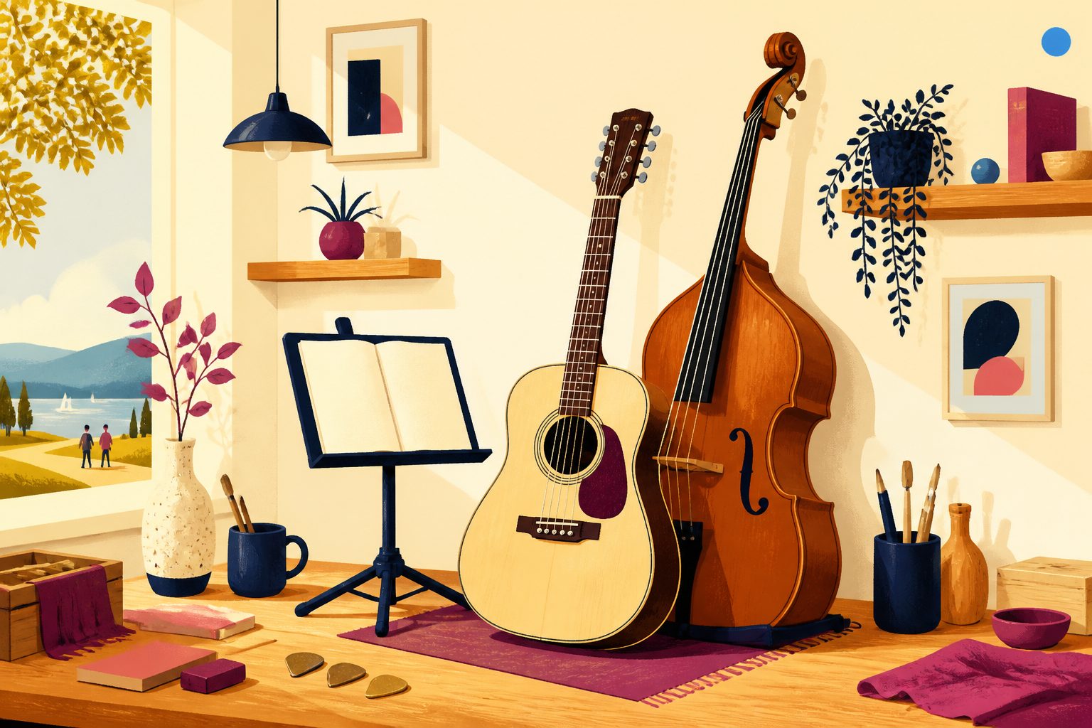 A handcrafted twelve-string acoustic guitar and an upright wooden acoustic bass leaning gracefully beside a sheet music stand and brass guitar picks on a sunlit oak workbench