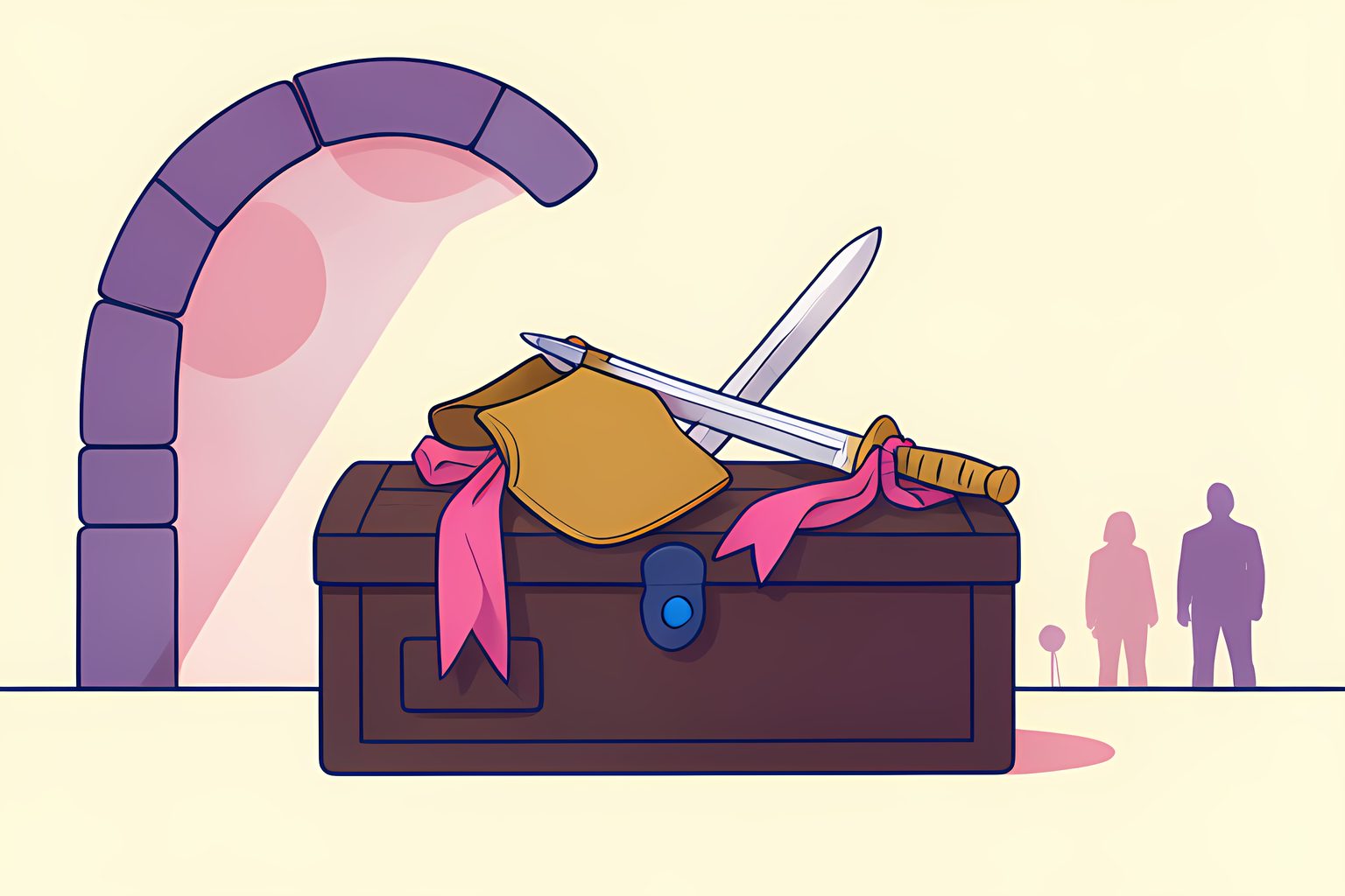 A ceremonial bronze breastplate and twin crossed rapiers resting upon an oak armory chest under morning sunlight.