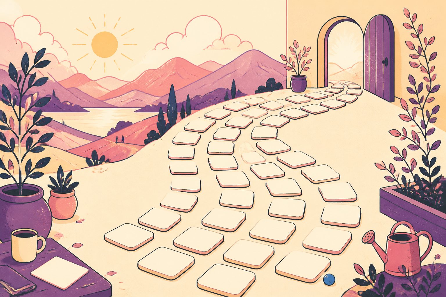 A stylized editorial diagram on warm cream showing a cascading ribbon of thirty-four rounded square calendar stepping stones leading toward an open doorway arch, with a tiny round blue dot tucked beside the final stone.