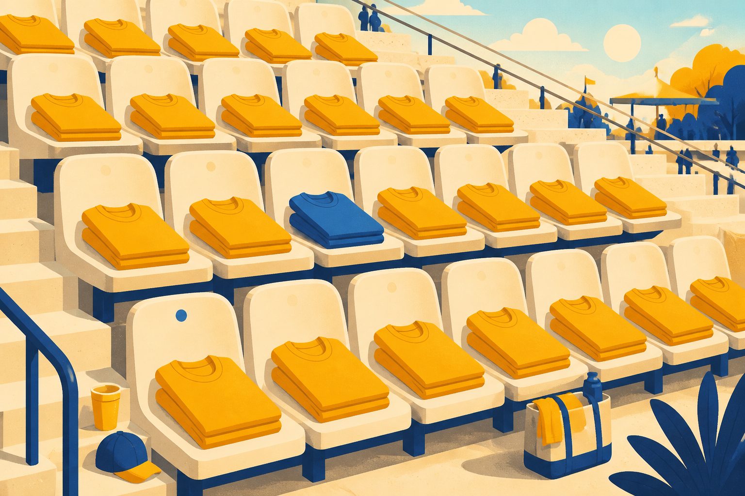 Rows of stadium seats each holding a folded golden T-shirt in a neat repeating pattern, with a single folded blue shirt sitting among them.