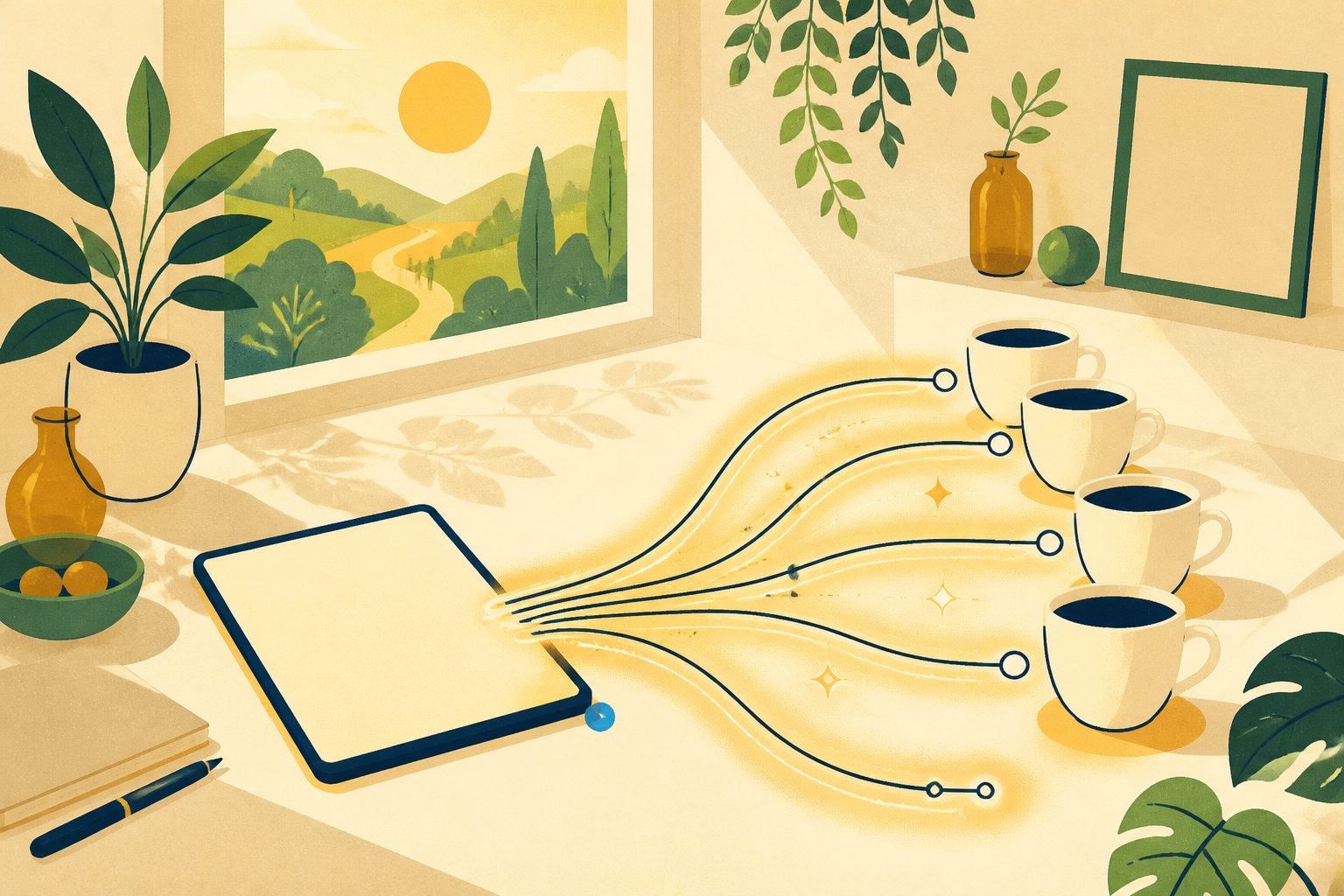 A diagram on cream showing abstract glowing pathways connecting a smartphone shape to a row of warm coffee mugs.