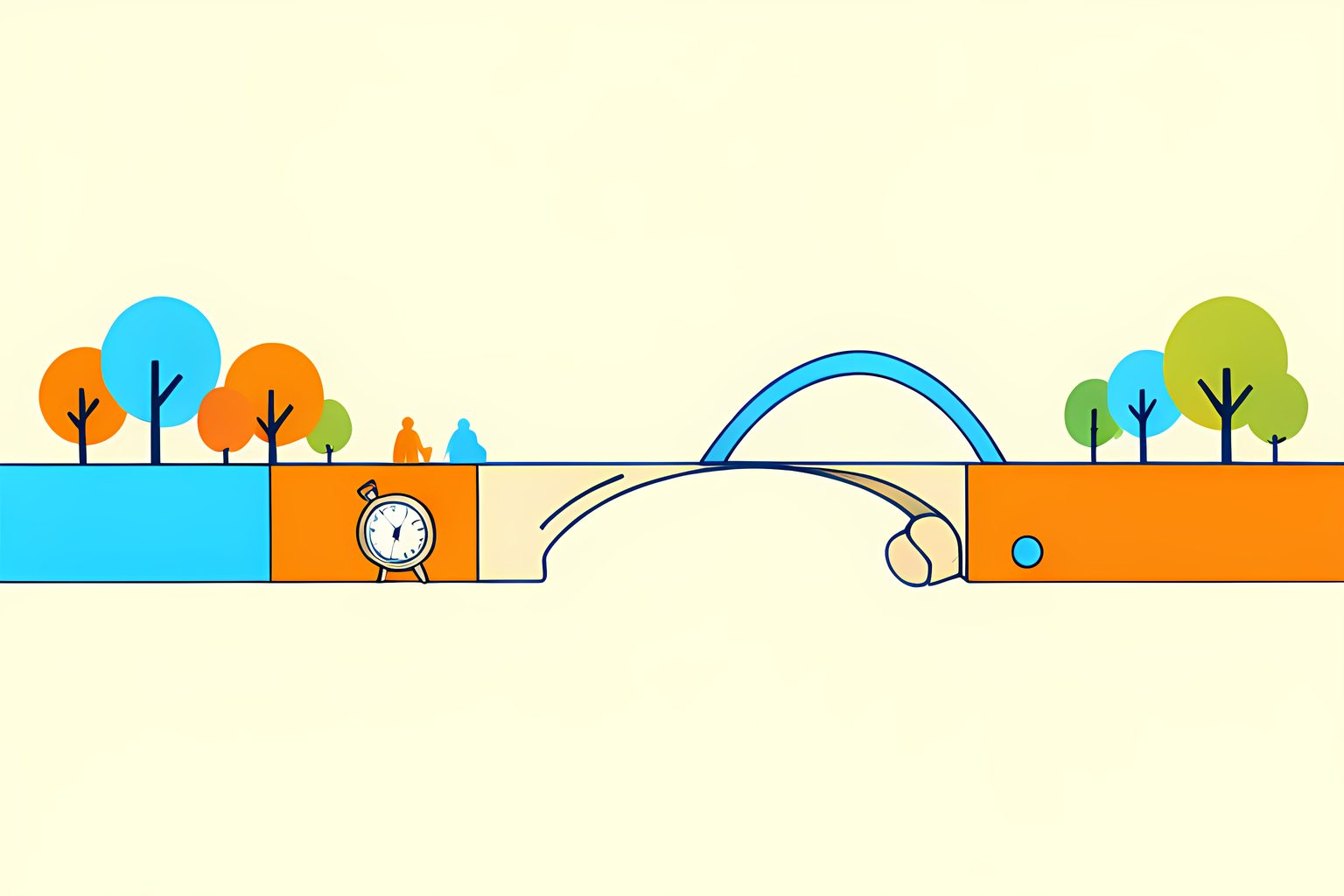 A text-free wide morning scene of a blank cream route model crossing small bridges toward a bright distant rail arch, with trees, an unmarked engineering compass and a round blue dot.
