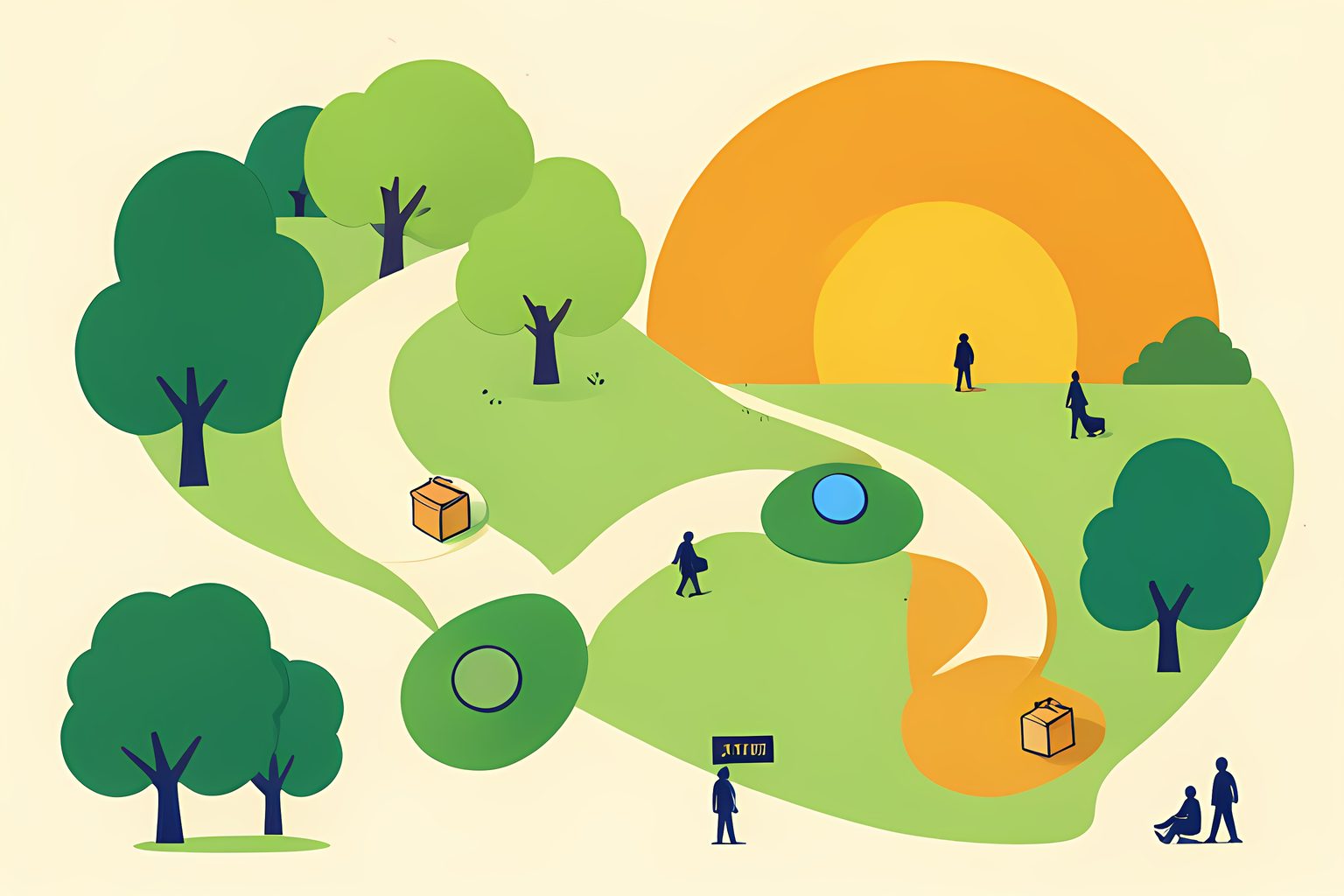 A warm, person-free illustrated map where a leafy May garden curves into a bright June sunrise, joined by four seasonal stepping-stone paths with a small blue dot beside the first step.