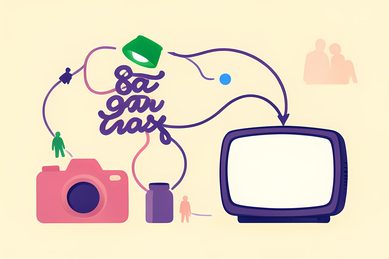 A bright abstract flow connects a small green stage light, a purple script stack, a pink camera and a blank television, with a small oil derrick model and a blue dot on cream.