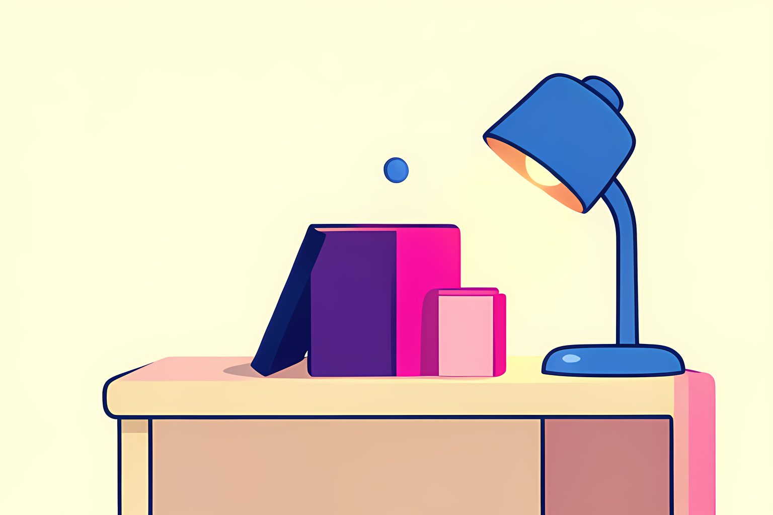 Stylized illustration of three blank books arranged as a gently rising stair beside a small blue reading lamp.