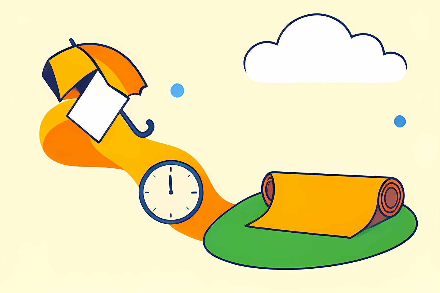 An abstract flowing path of rounded shapes carries a folded blank card from a small umbrella toward a rolled ballpark tarp and a simple clock face with no numbers, under a sunny sky.