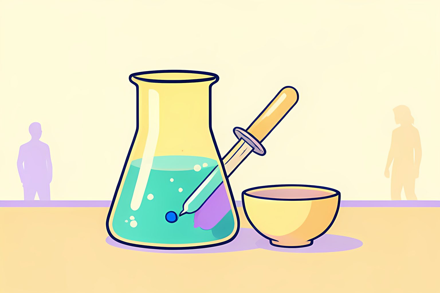 A clear glass laboratory beaker with gentle bubbles resting beside a glass dropper and a porcelain dish on a warm-cream table in golden side light.