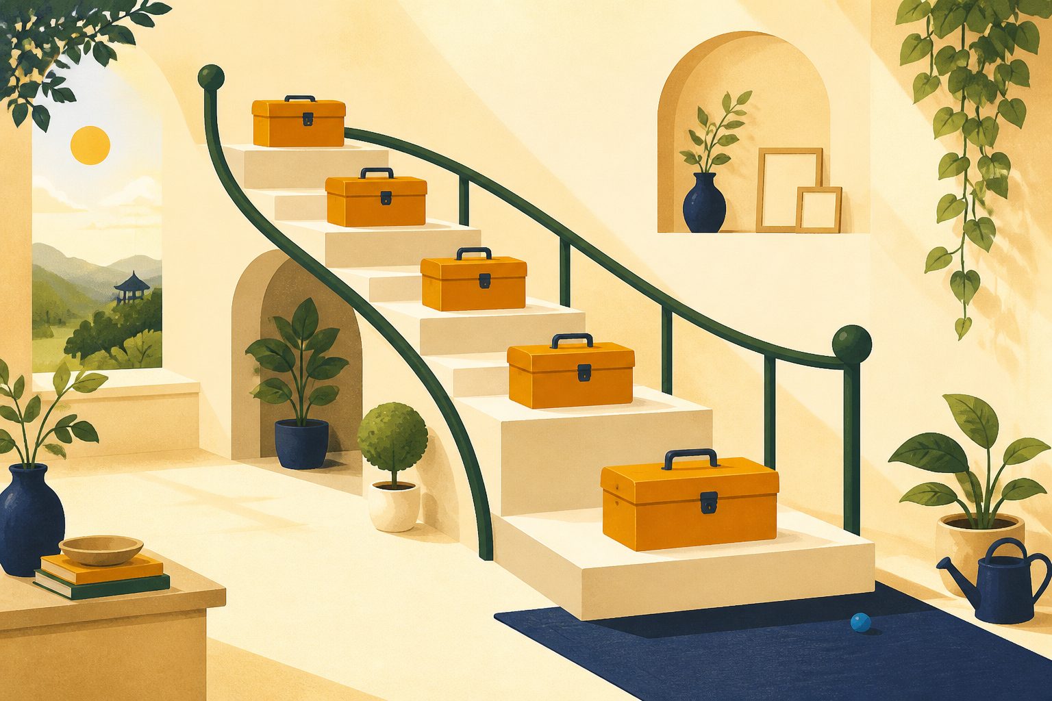A bright, text-free, person-free editorial illustration of ascending blank steps with colorful safety rails and a small toolbox waiting at each landing.