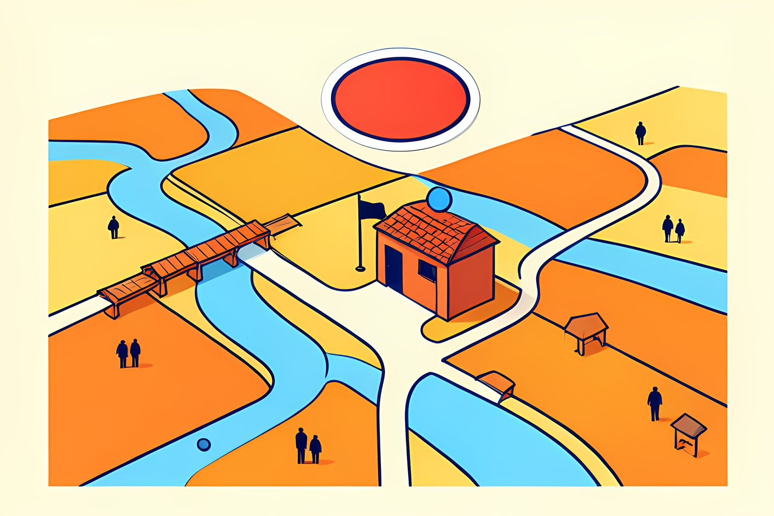 A warm illustrated map of rolling Ohio farmland and river towns with a winding road leading to a small brick polling place with a flag and an open door.