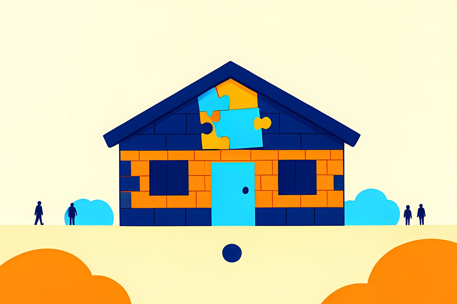 A stylized blank schoolhouse made of interlocking navy and warm-orange bricks, with one blue brick being replaced by a sunny puzzle-shaped piece on a cream background. A small round blue dot sits nearby; there are no people or words.