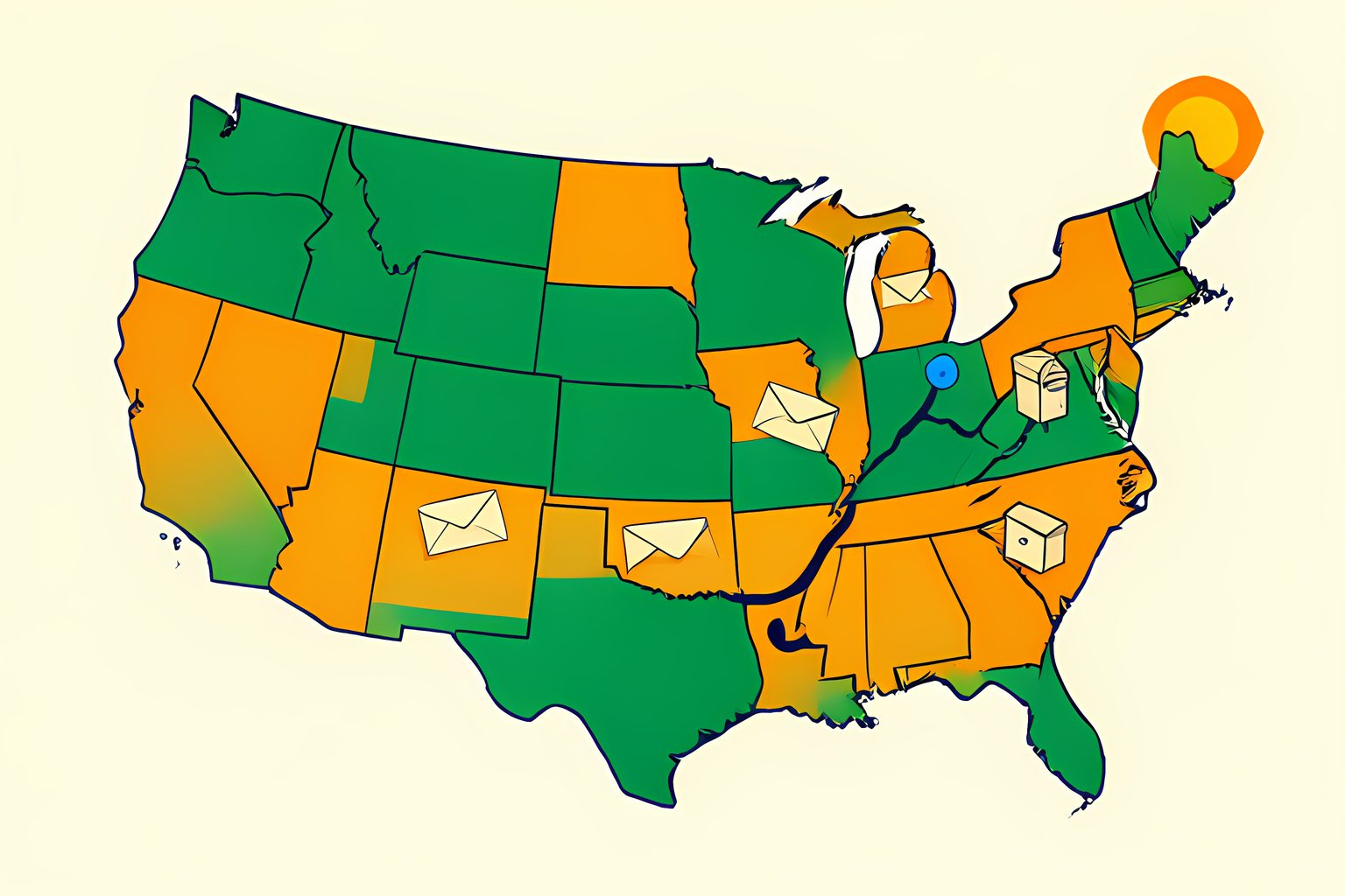 A bright stylized, text-free map of the United States with blank envelopes traveling along a single winding federal route, surrounded by small unmarked mailboxes.
