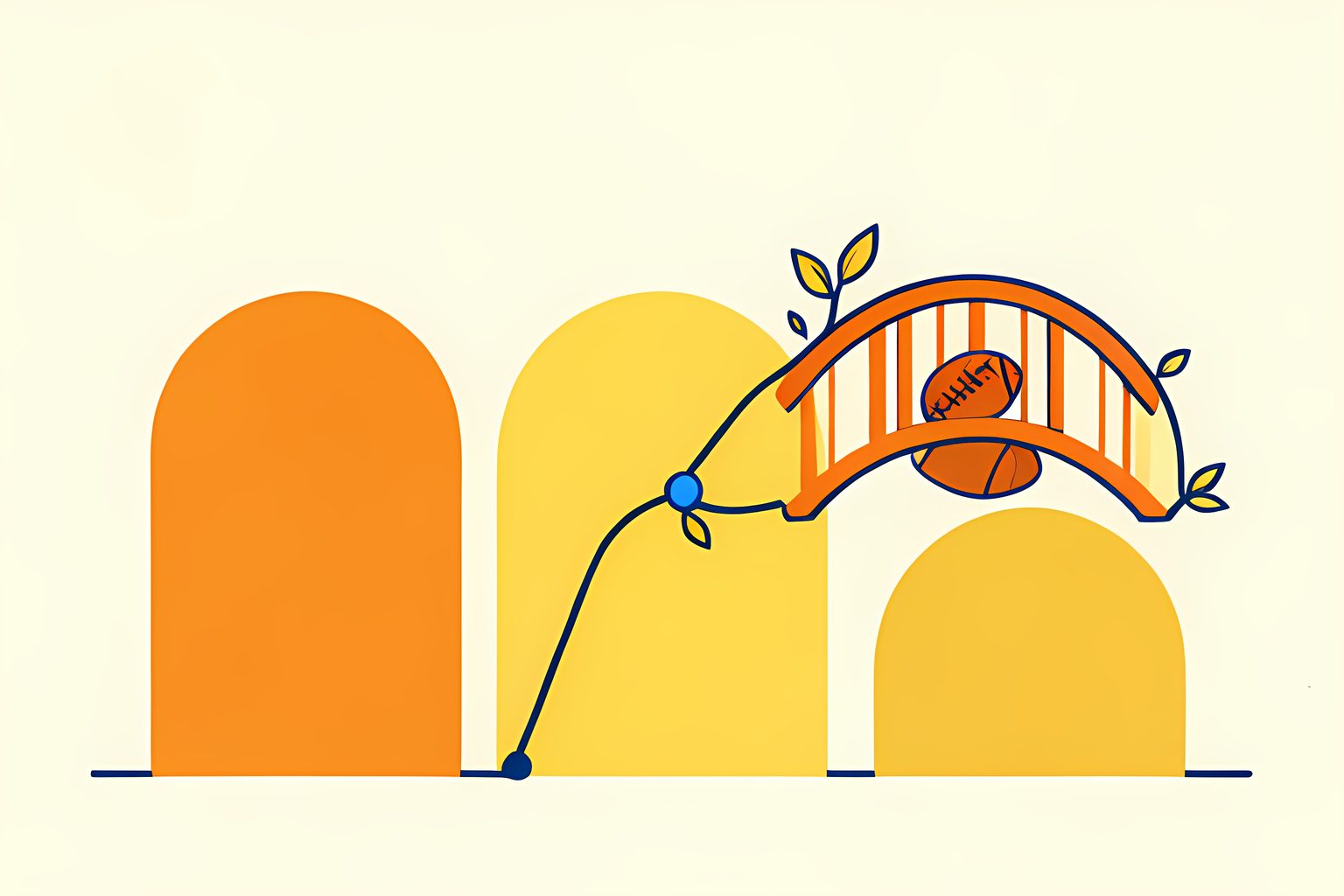 A text-free diagram-like illustration of a long ink-navy path crossing repeated golden football-field arches before becoming a bright bridge.