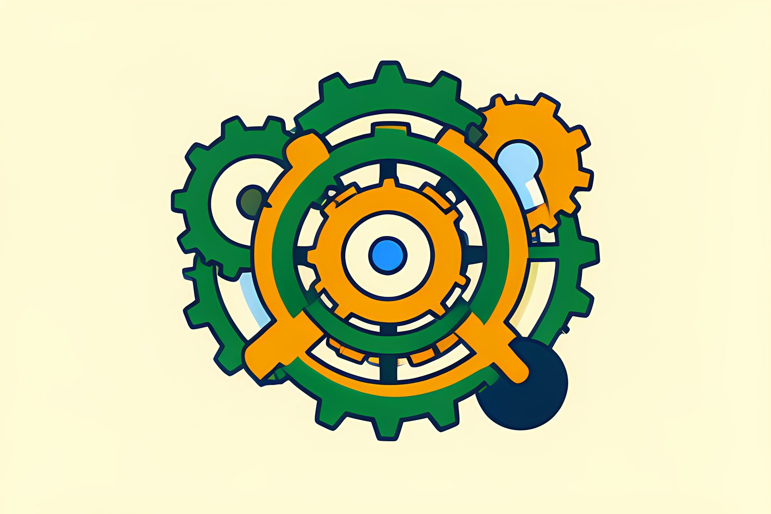 A stylized brass mechanical clockwork mechanism with interlocking gears and balanced pendulums glowing warmly on cream paper.
