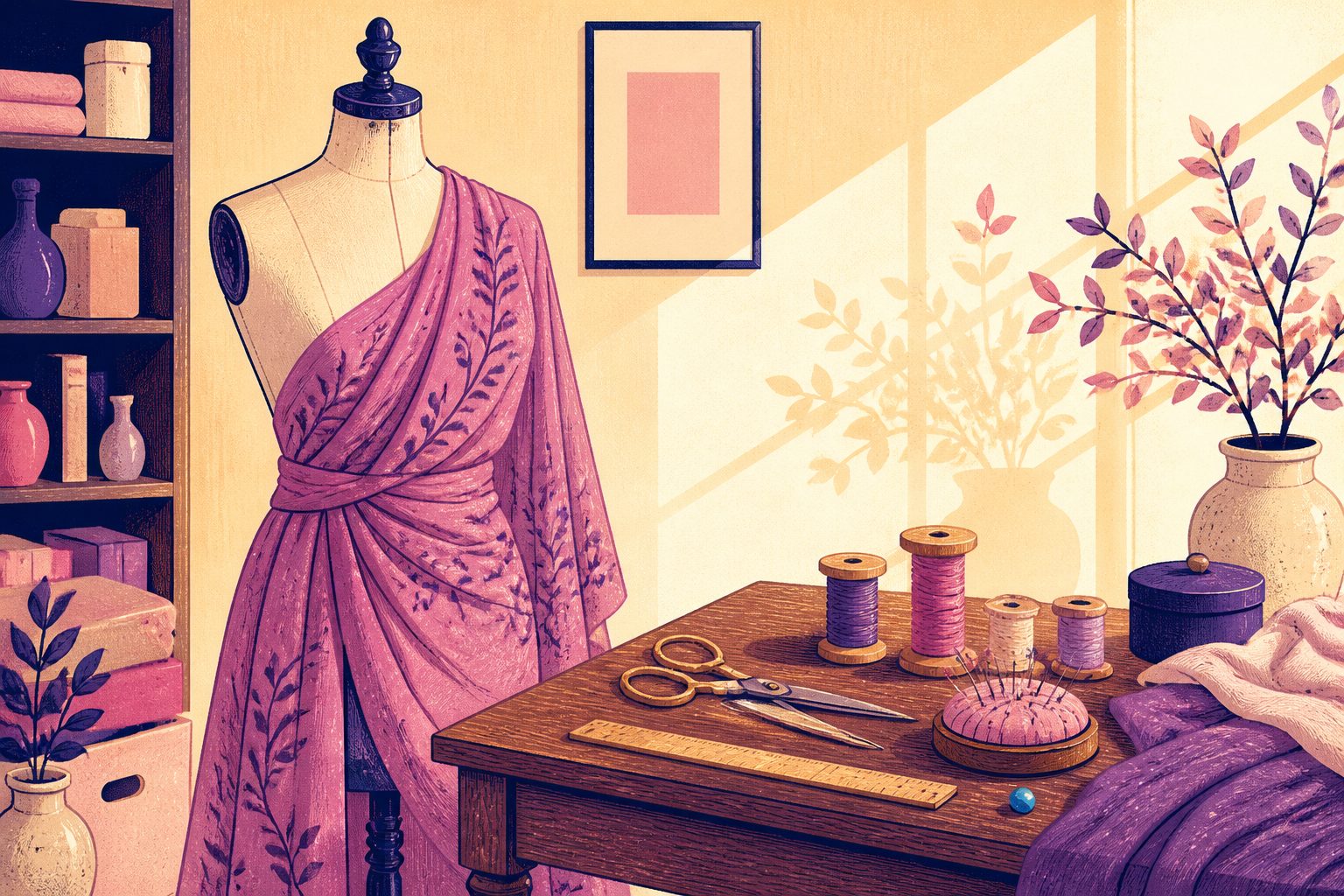 Stylized flat vector illustration of an antique dressmaker mannequin beside a tailoring table with vintage measuring tools.
