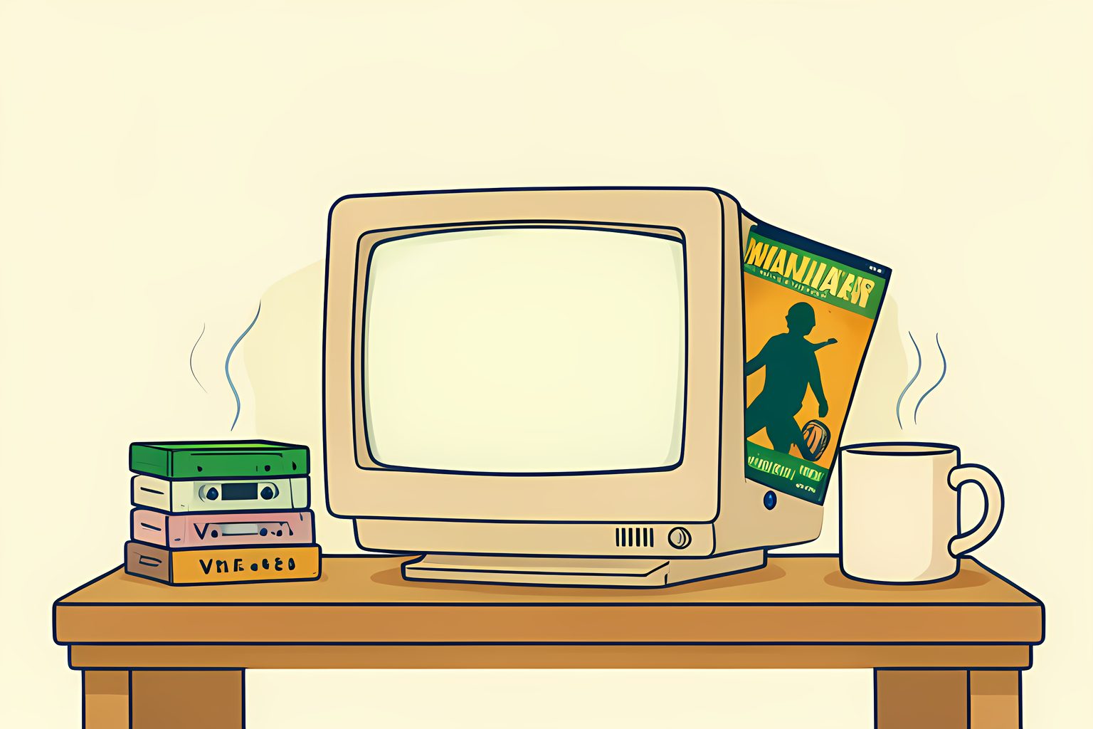 A vintage 1990s desktop computer on a wooden desk beside unmarked videotapes in warm morning light with a small blue dot