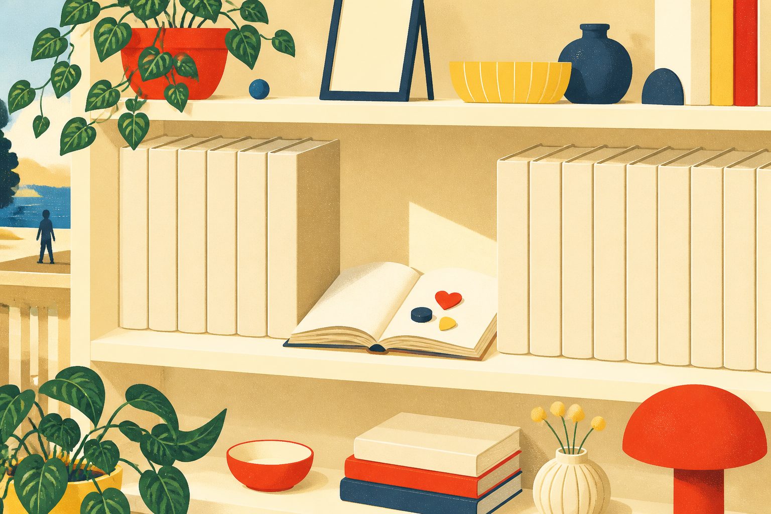 Rows of plain blank paperback books on a sunny shelf, with one book lying open and a small guitar pick resting on its pages beside a tiny hockey puck.