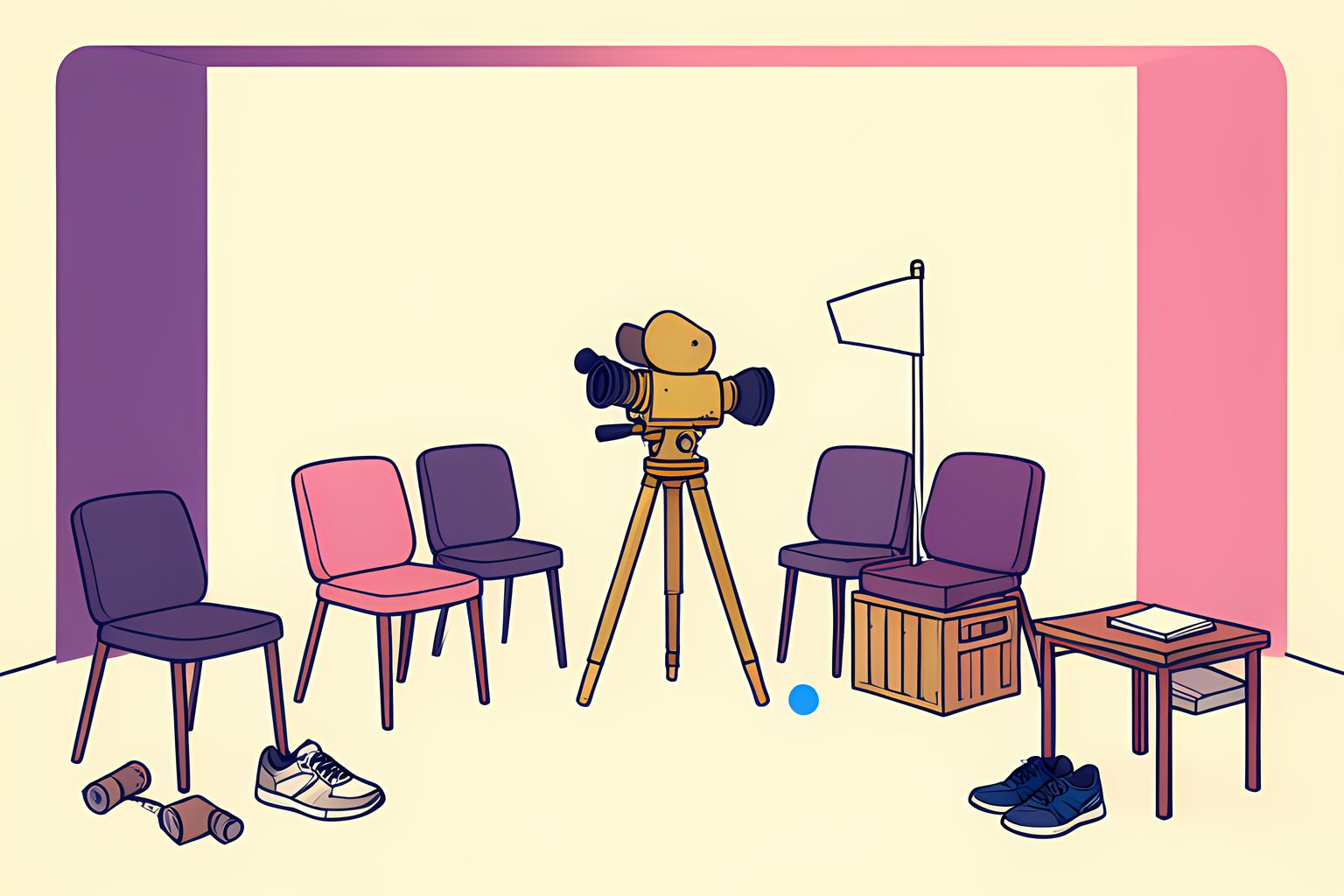 A bright, stylized person-free film-studio still life with a blank director's chair, a coiled golf flag, a typewriter and several unmarked sneakers arranged in a friendly circle.