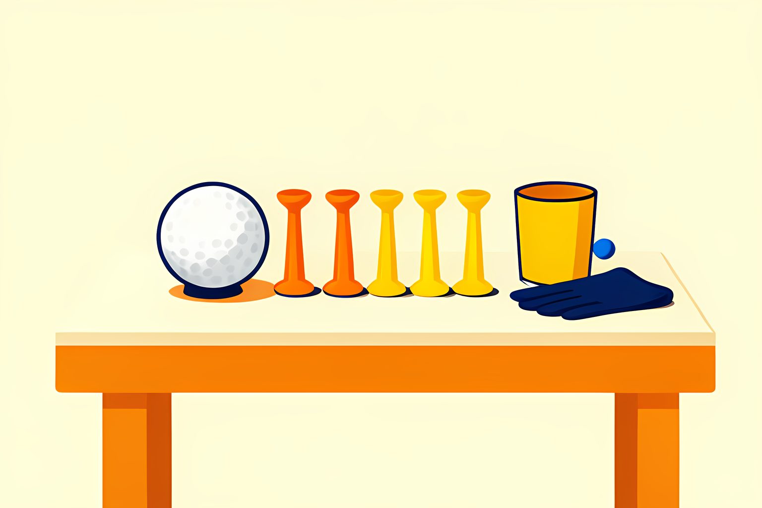 A text-free, person-free sunny still life of two blank golf balls, alternating orange and gold tees, a small unmarked cup and a round blue dot on a warm-cream low table.