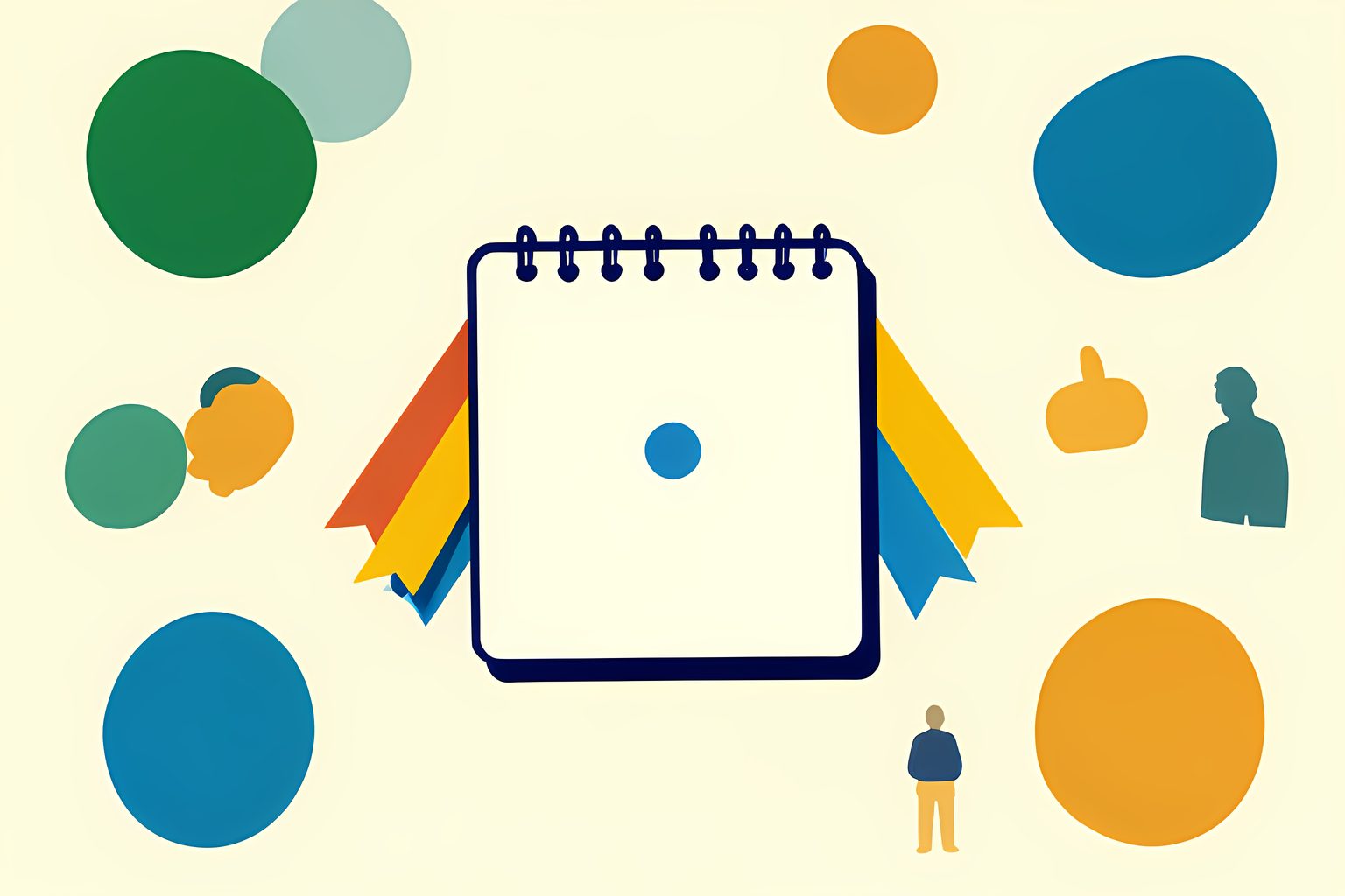 Stylized illustration of a small blank notebook page, four colorful route ribbons and a blue dot shaped like a neat ink stamp on a cream desk.