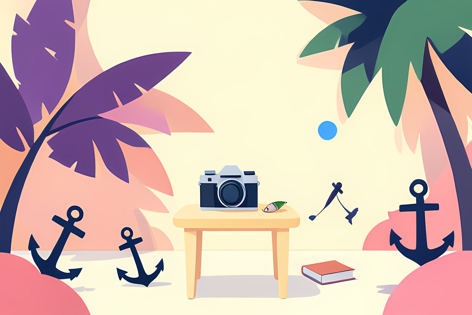 A bright, person-free Florida waterside courtyard with a plain camera on a small table and an unmarked fishing lure catching the morning light.