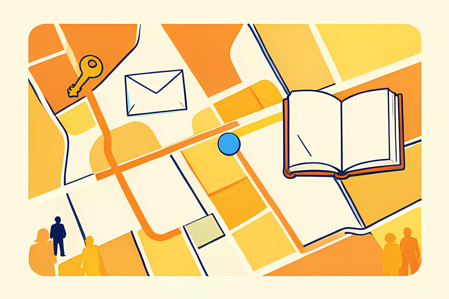 A label-free illustrated map with a hotel key, sealed letter and open blank book joined by an orange route.