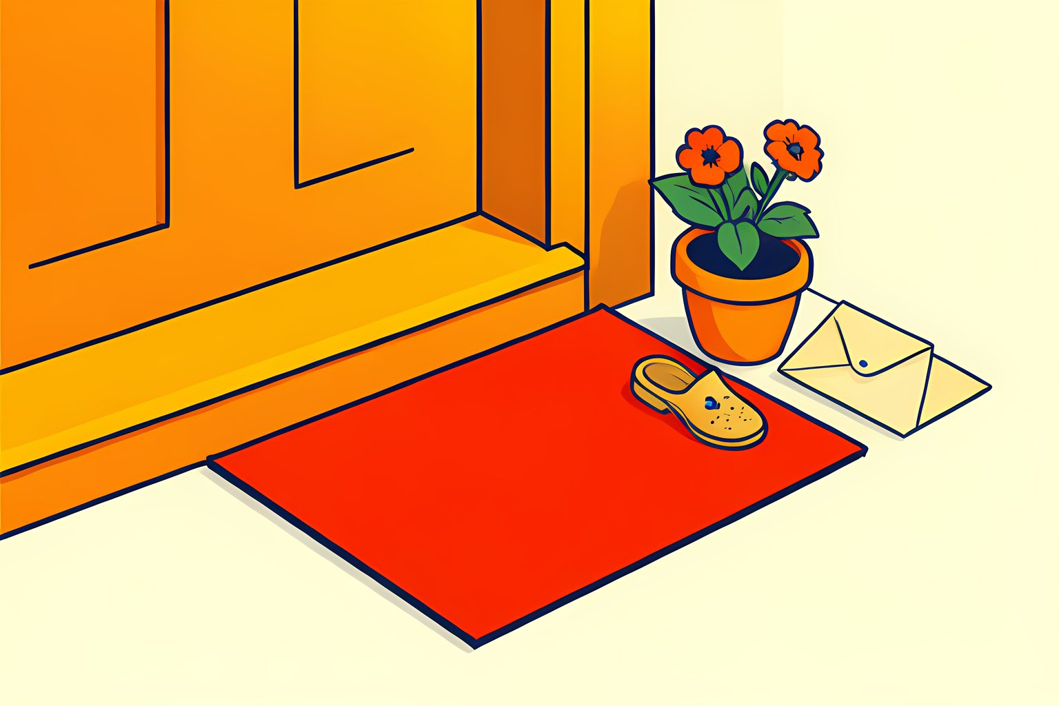A simple sunny illustration of a rolled-up rectangle of bright red artificial turf tied with twine, resting on a cream porch step next to a pair of worn cleats and a potted plant.