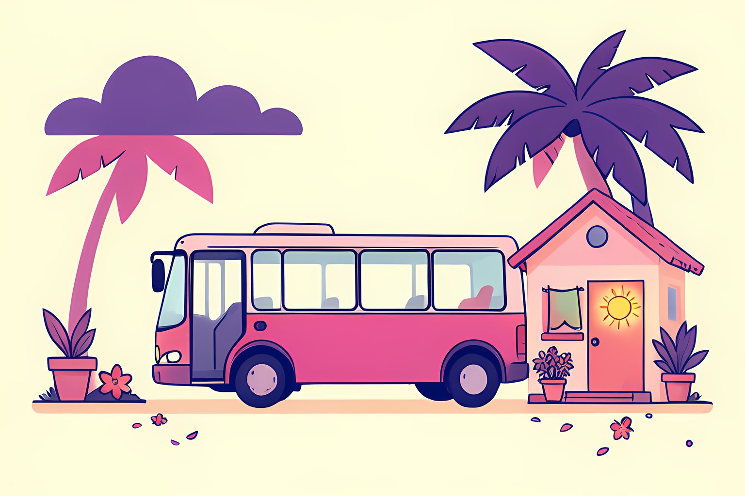 Stylized wide-scene illustration of a blank open-sided neighborhood minibus beneath a sunny tropical skyline, with colorful laundry, potted plants and a glowing paper sun.