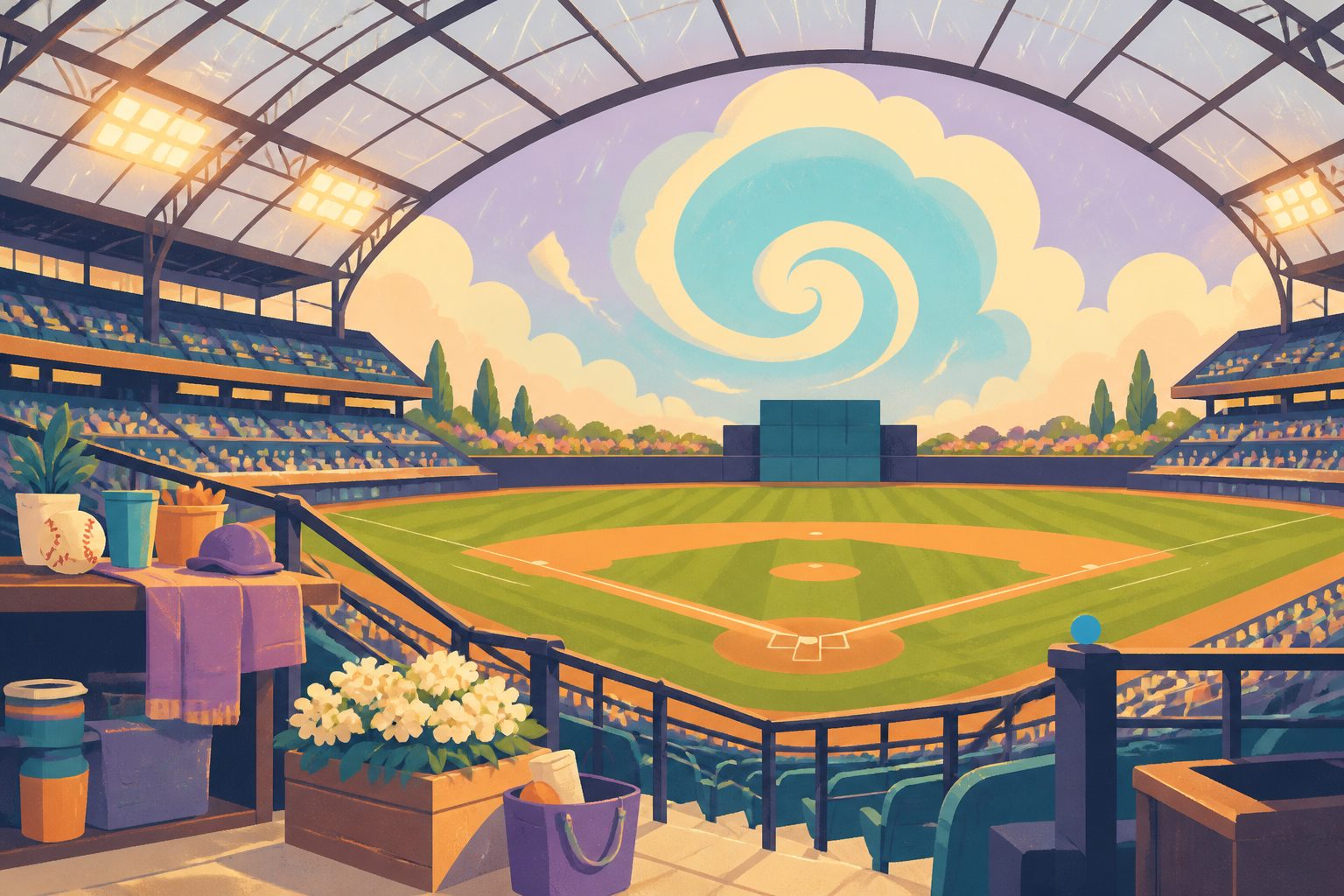 A warm illustrated ballpark at dusk under a glowing retractable roof, rain streaking the glass while a soft spiral cloud shape glows on the horizon beyond the outfield wall.
