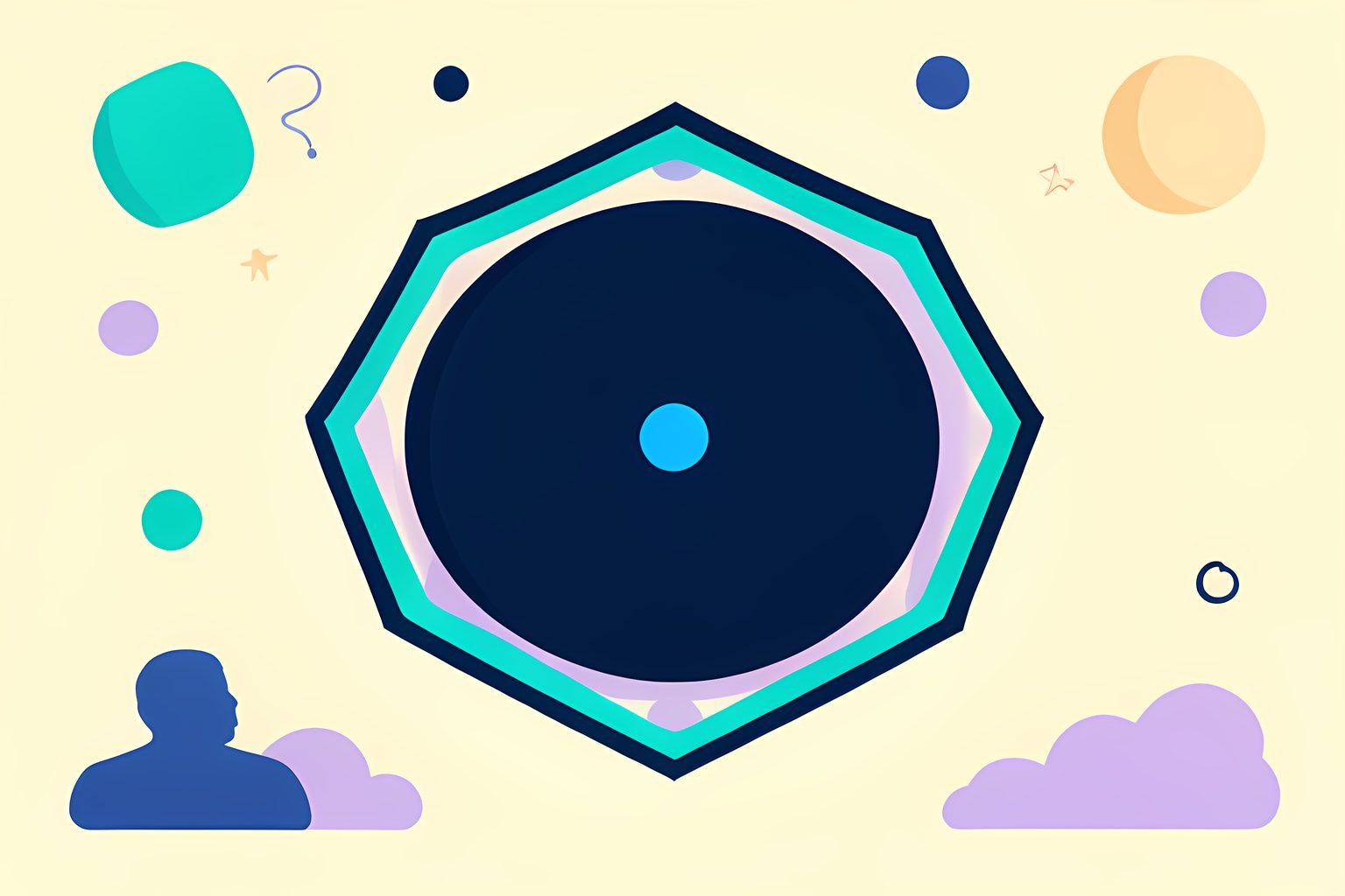 A stylized illustration of the planet Saturn with a six-sided outline traced around its north pole and a ten-sided outline traced around its south pole, on a deep navy field.
