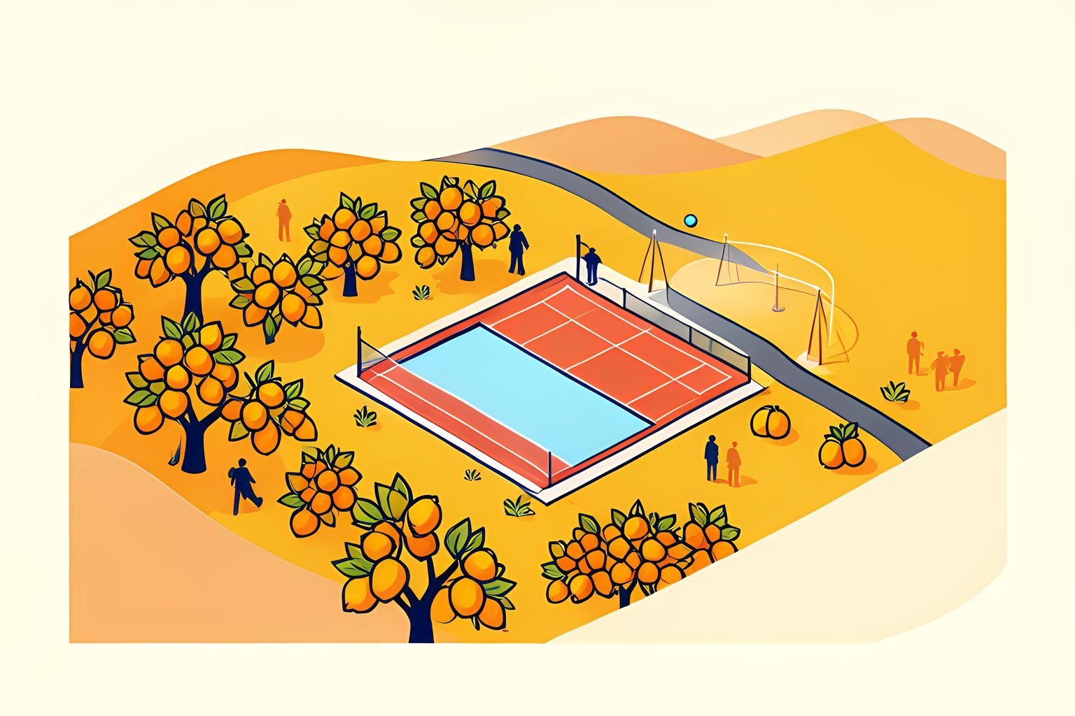 A bright flat map-style illustration of a small Spanish village among orchards, with a cluster of red clay tennis courts and a blue swimming pool at its center.