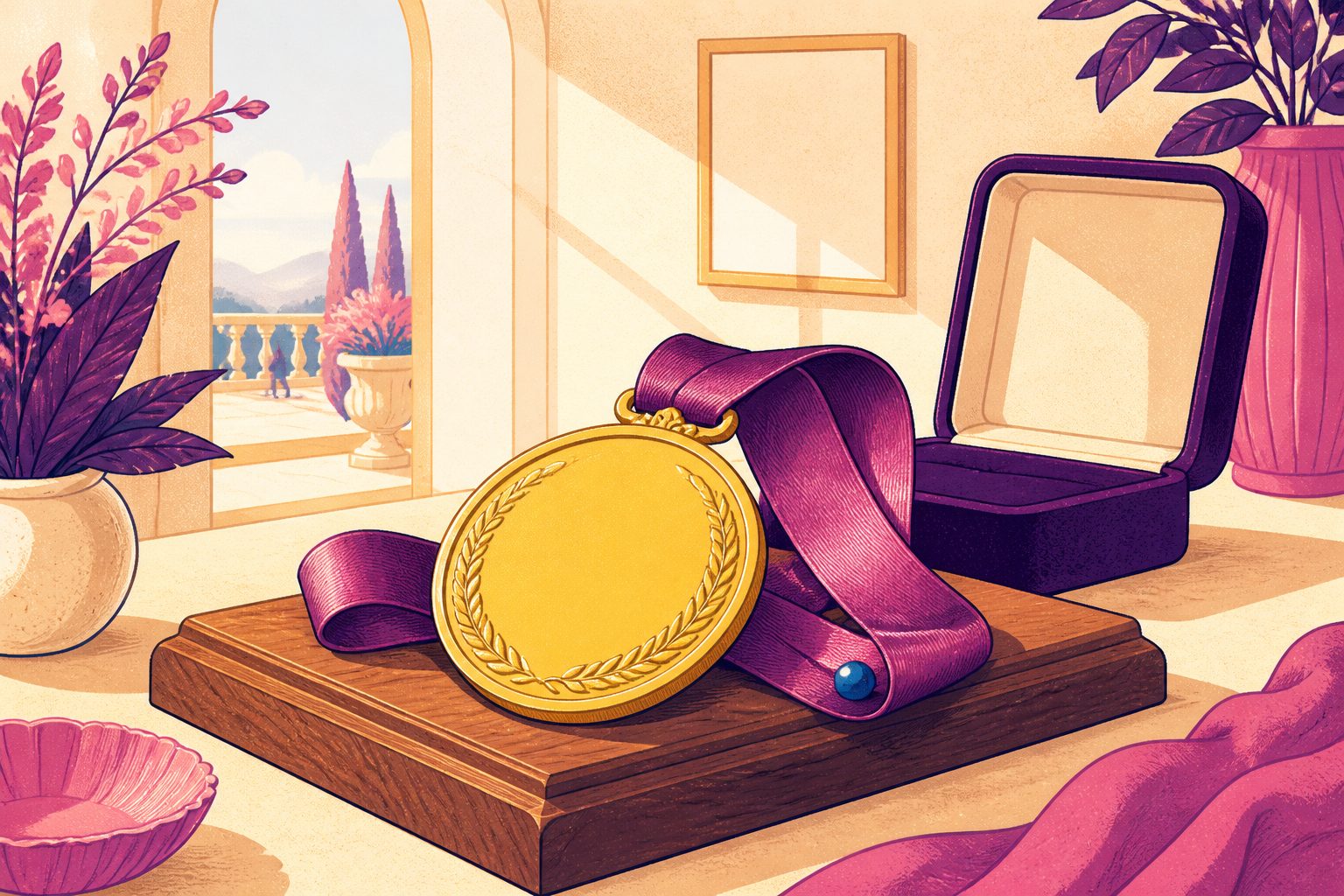 Gleaming blank gold medallion necklace resting on a polished wooden podium beside a single blank nominations box on a warm cream background.