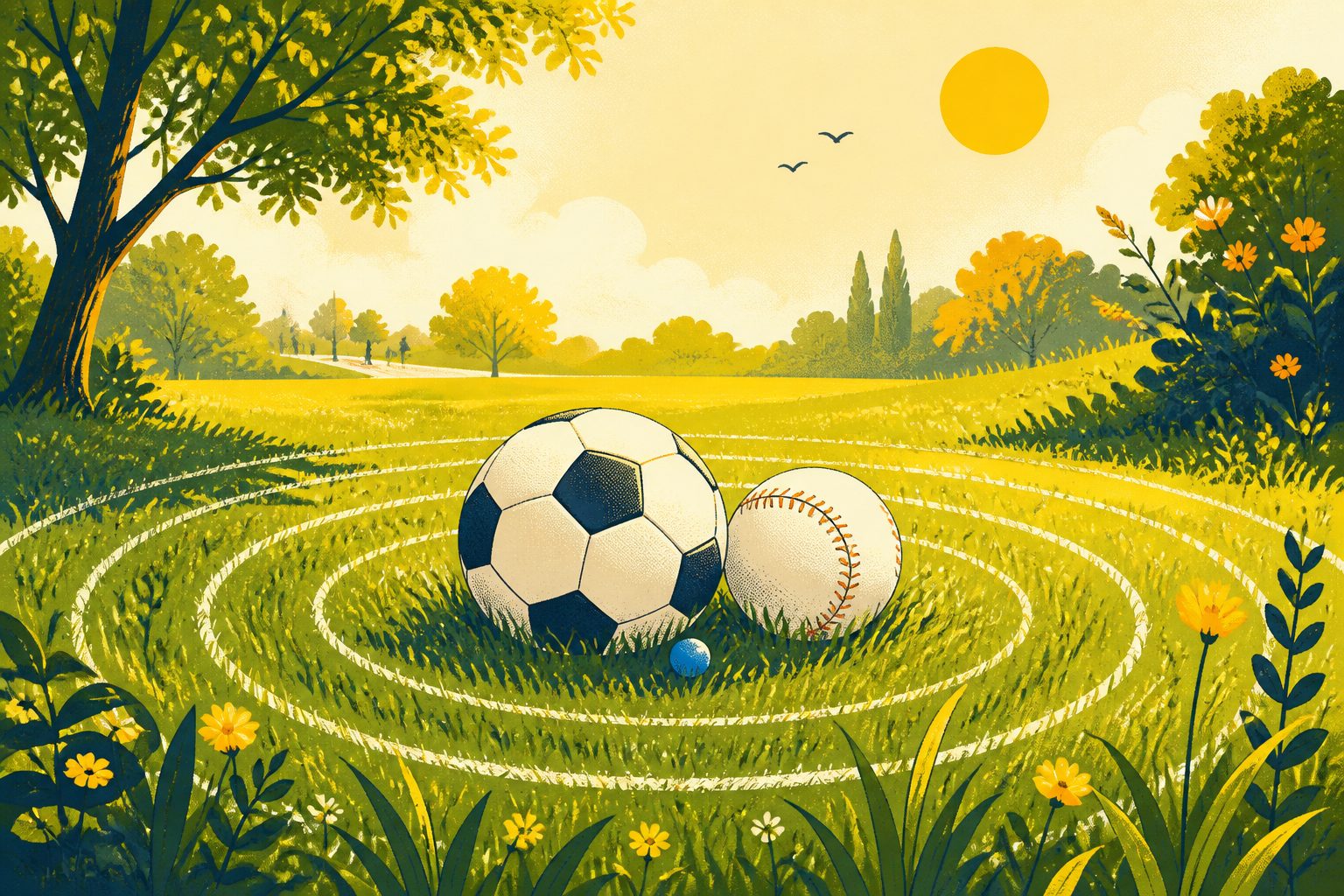 A stylized visual metaphor showing a clean white soccer ball and a baseball resting peacefully together on sunlit morning grass.