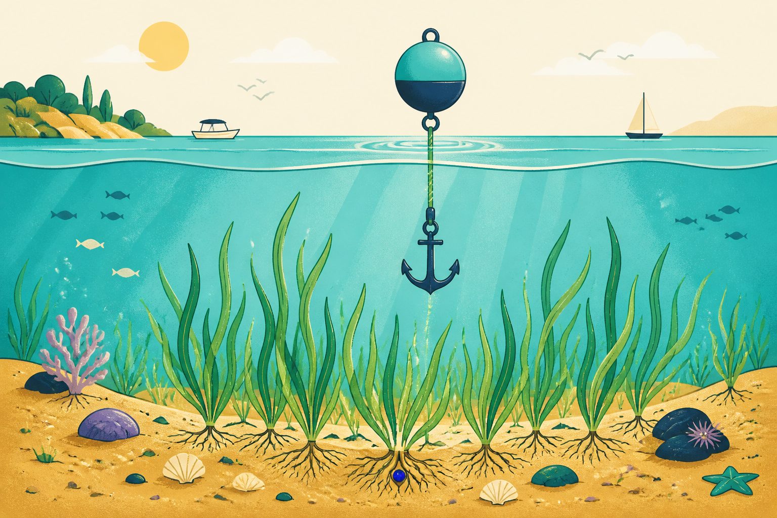 A stylized cutaway view of underwater emerald green seagrass swaying gently in golden sea floor sand beneath clear blue Mediterranean waters.